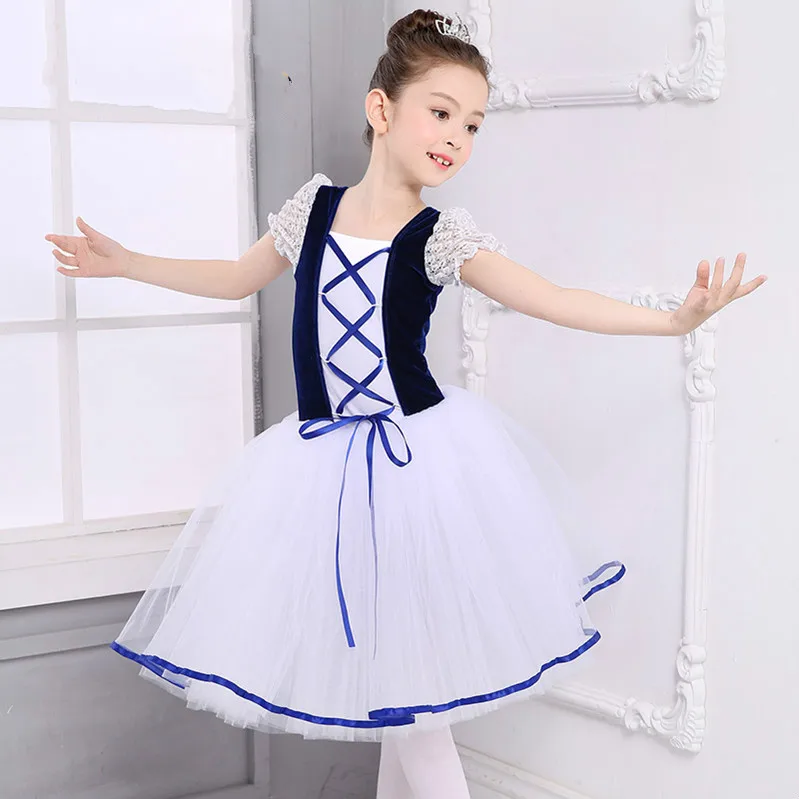Yeni Romantik Tutu Giselle Kuğu Gölü Bale Kostümleri Kız Çocuk Uzun Tül Dans Paten Balerin Elbise Puf Kollu Dantel Elbise