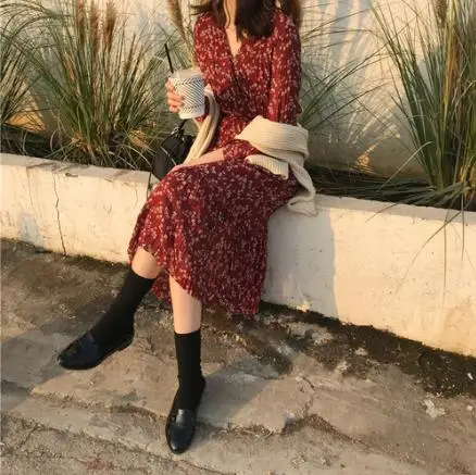 2019 Длинные платья дизайн Женская мода с длинным рукавом тонкая талия линия