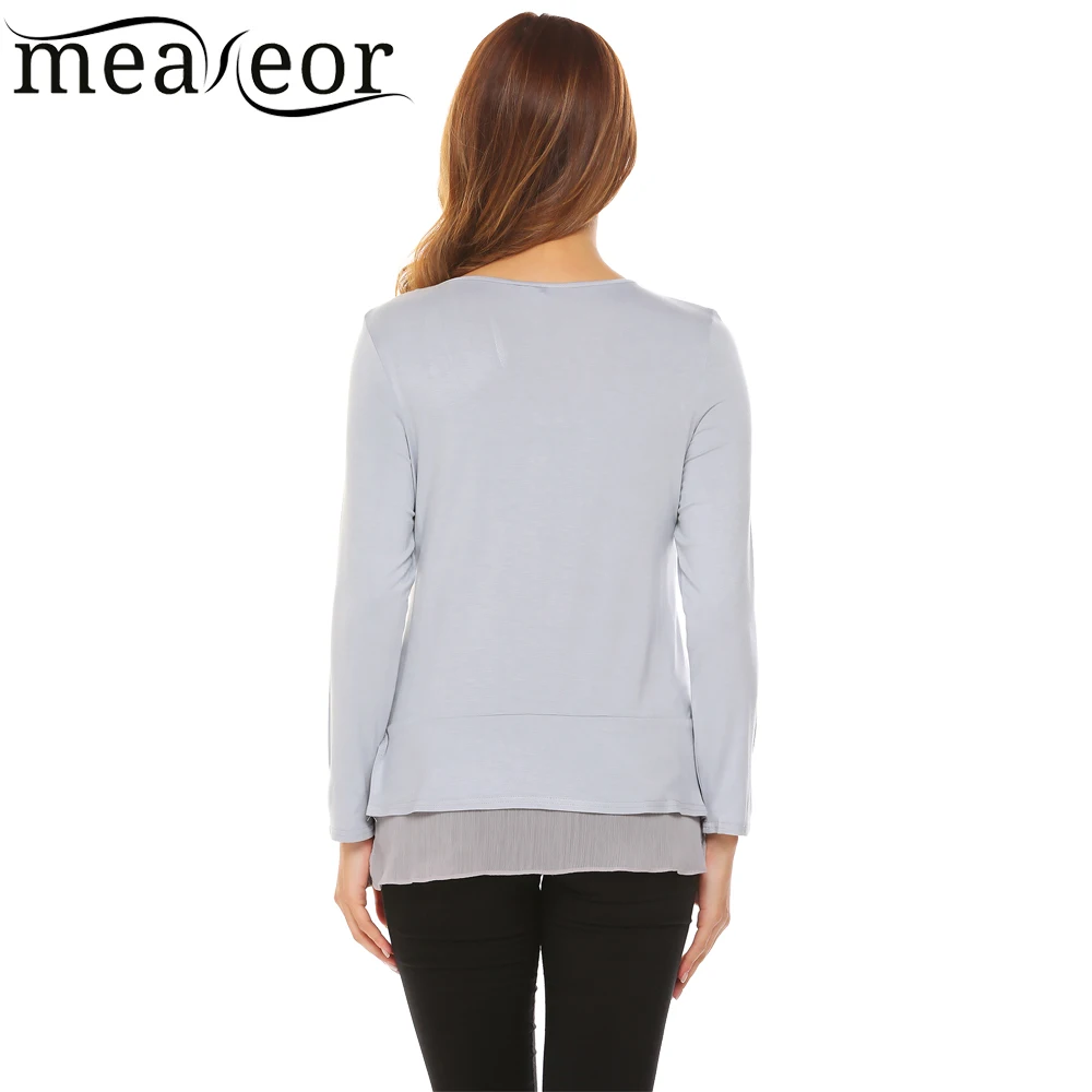 Meaneor Женская модная футболка с длинным рукавом и круглым вырезом Повседневная
