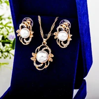white simulated pearl golden hollow flower lace shiny clear crystal pendants earrings necklace jewelry sets for women