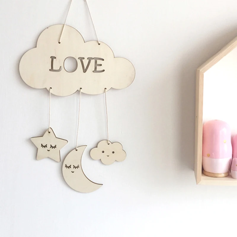 Cute Wooden Moon Cloud Wall Hanging Ornament Photo Props Home Decor for Living Room | Дом и сад