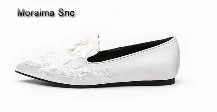 

Moraima Snc pointed toe mules shoes casual embroider loafers shoes women 2018 spring flats black white sapatos mulher size 40