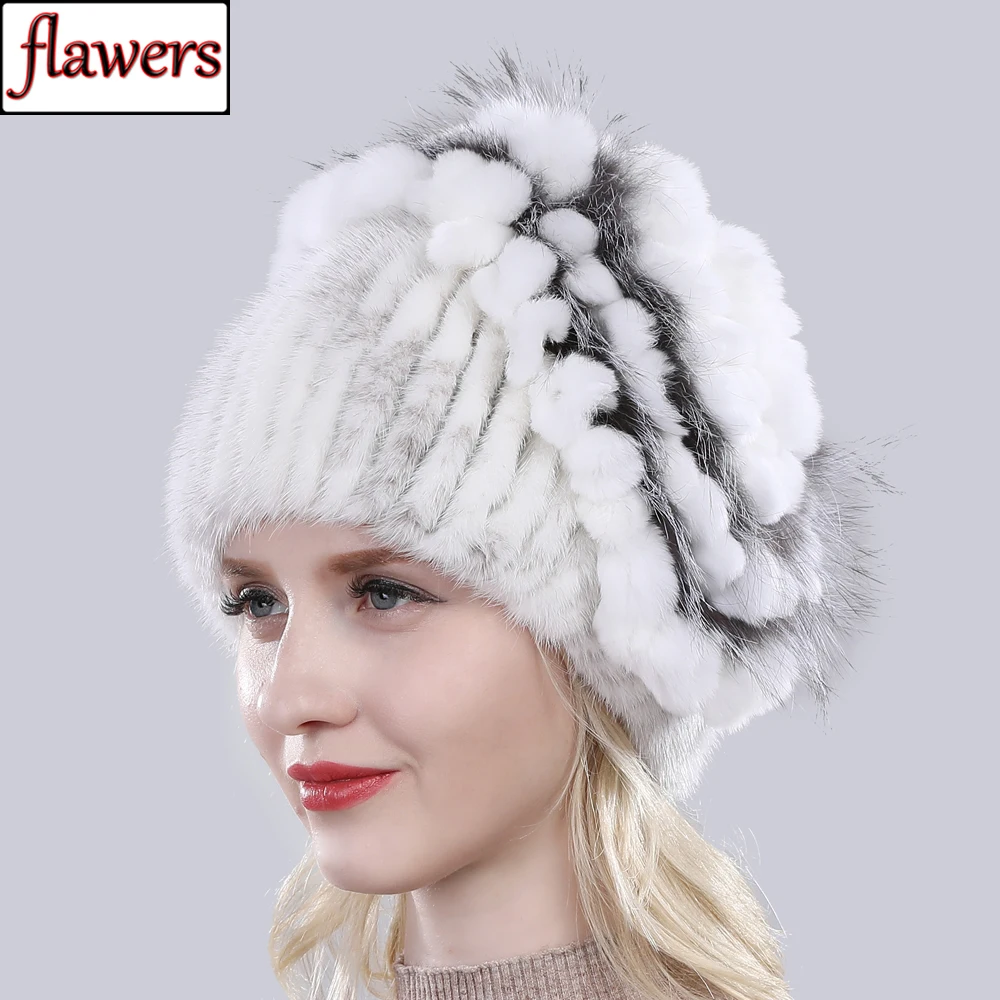 

Russia Winter Lady 100% Natural Mink Fur Hat Top Fox Fur And Rex Rabbit Fur Cap New Girl Warm Fashion Knitted Real Mink Fur Hats