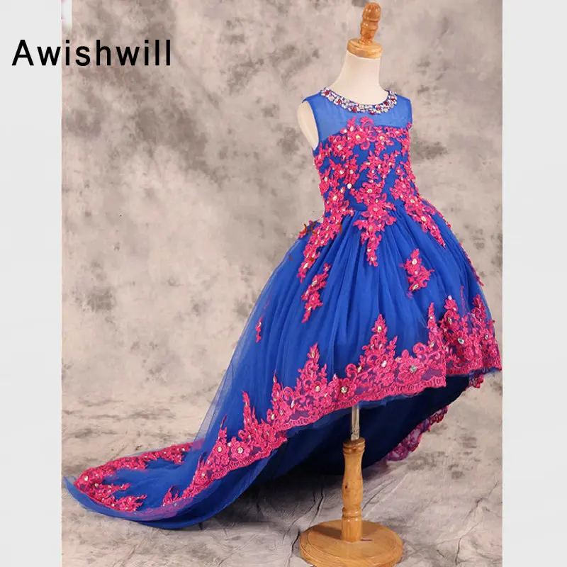 Ярко-голубые платья без рукавов с аппликацией тюлевые цветочные для девочек