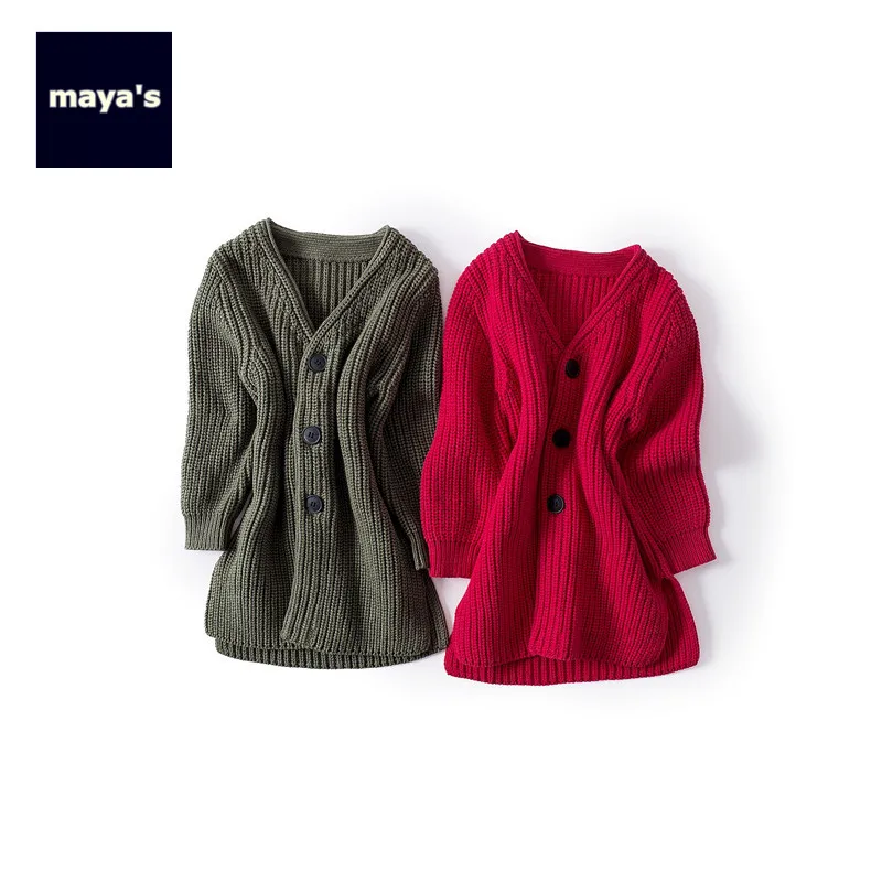 Mayas/модное трикотажное осеннее пальто на пуговицах для девочек Милая хлопковая
