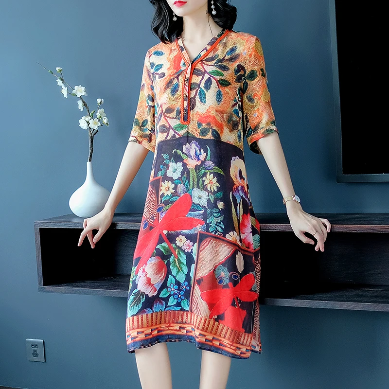 

New Summer Women's Elegant Half Sleeve Print Imitated Silk Dress Loose Medium-Long Straight Dress RE2258