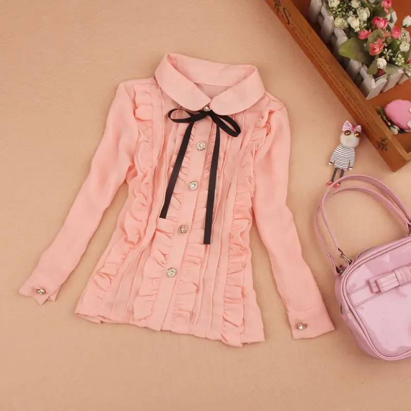 Блузка с длинным рукавом для девочек подростков шифоновая рубашка оборками