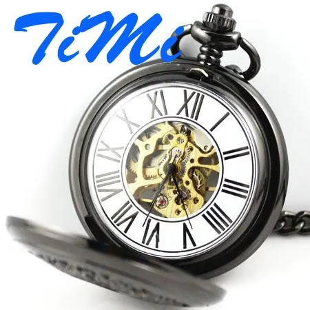 Мужские черные скелетоны античный белый циферблат полые механические карманные