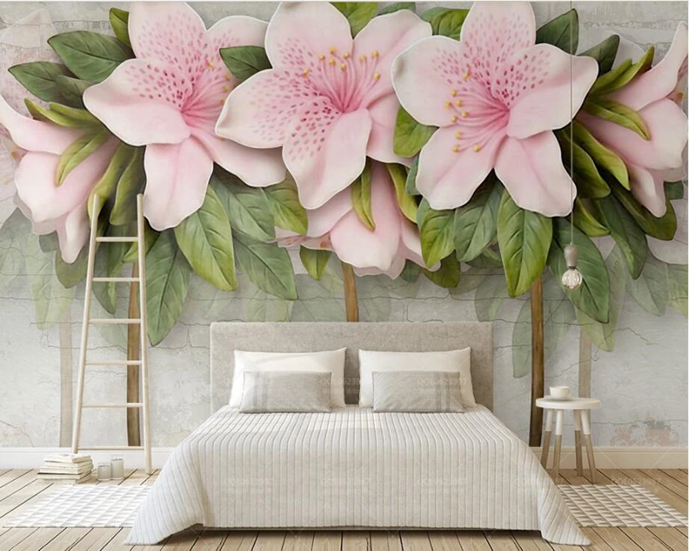 

Embossed pink flowers leaves brick 3d wallpaper papel de parede for living room TV sofa wall bedroom wall papers home decor cafe