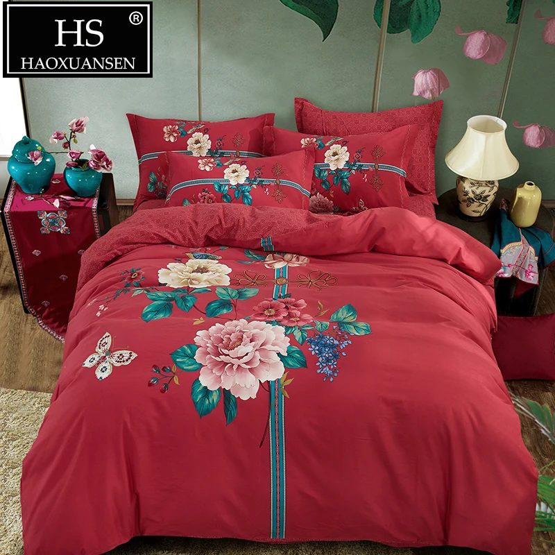 Фото Красный набор постельного белья из 100% хлопка с принтом бабочек пионов на осень и