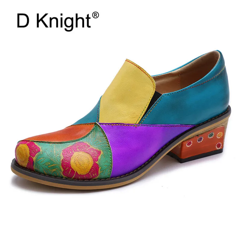 2019 New Genuine Leather Women Pumps Handmade Color Block Loafers Oxfords Shoes For Woman Med Heels Ladies Single Shoes Big Size