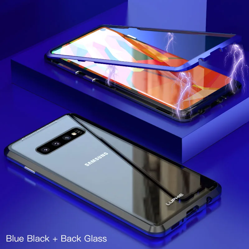 Black Blue Магнитный чехол LUPHIE для samsung Galaxy S10 Plus S10e, Магнитный чехол, прозрачная Задняя стеклянная крышка для samsung S10 Plus S10e, металлический бампер - Цвет: Black Blue