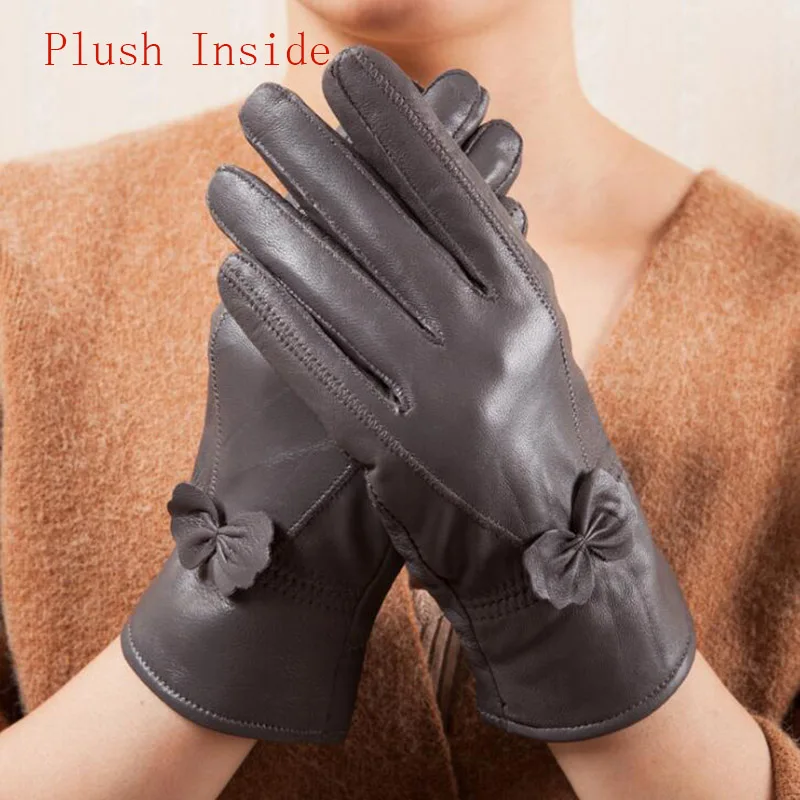 Plush Dark Gray Женская обувь из натуральной кожи; из овечьей кожи бабочка knotl перчатки женские зимние тонкие/плотная обувь с подкладкой из плюша, кашемир теплый спортивный костюм с водительские перчатки L74 - Цвет: Plush Dark Gray