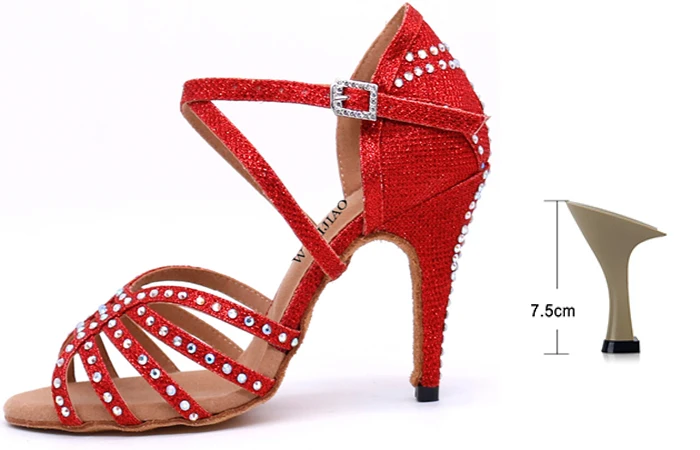 Red heel 7.5cm WUXIJIAO/Новинка; обувь для латинских танцев; женская Обувь для бальных танцев; Женская Блестящая Тканевая обувь; блестящие стразы; 5-10 см - Цвет: Red heel 7.5cm