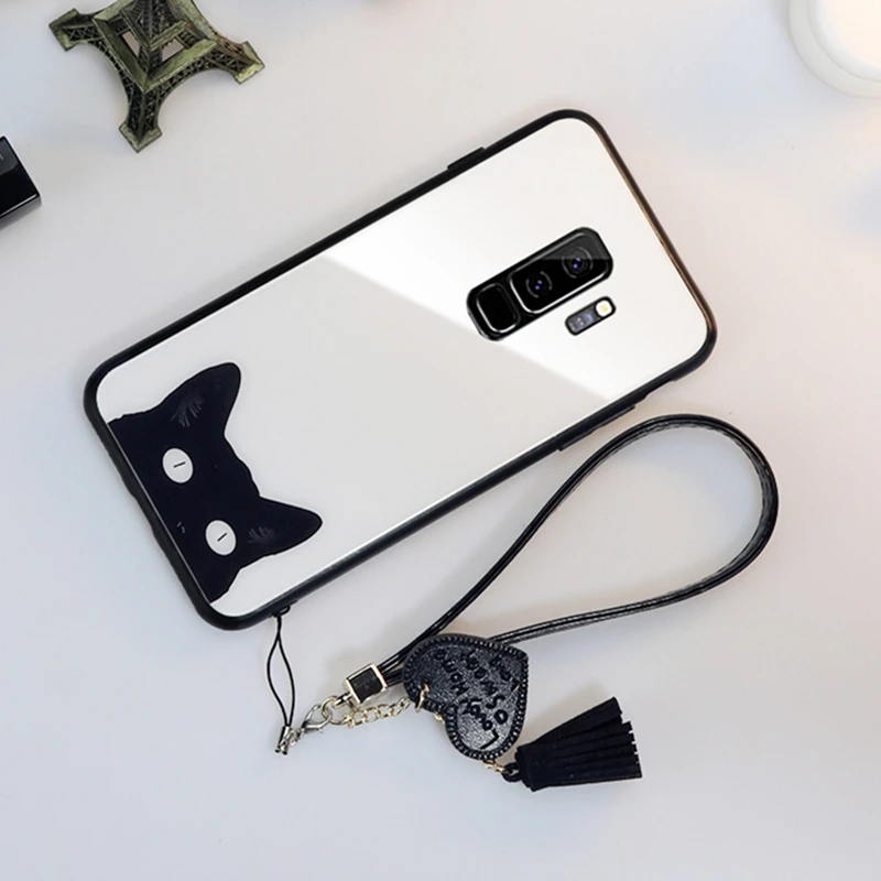 Для samsung Galaxy s10 s10e note 8 9 M10 M20 M30 A6 A7 A8 A9 j4 j6 s9 s8 плюс A20 A30 A50 A70 милый кот стекло чехол и ремешок