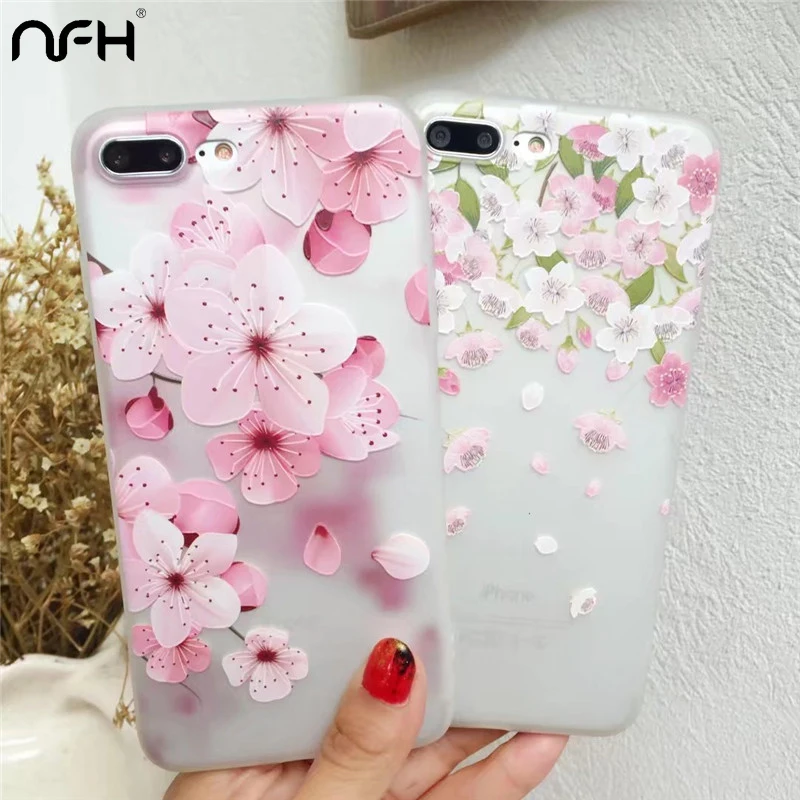NFH 3D Cherry Blossoms Flower Phone Case sFor iPhone 5 5S 6s Soft TPU Cover for On 5s SE 6 7 8 Plus X |