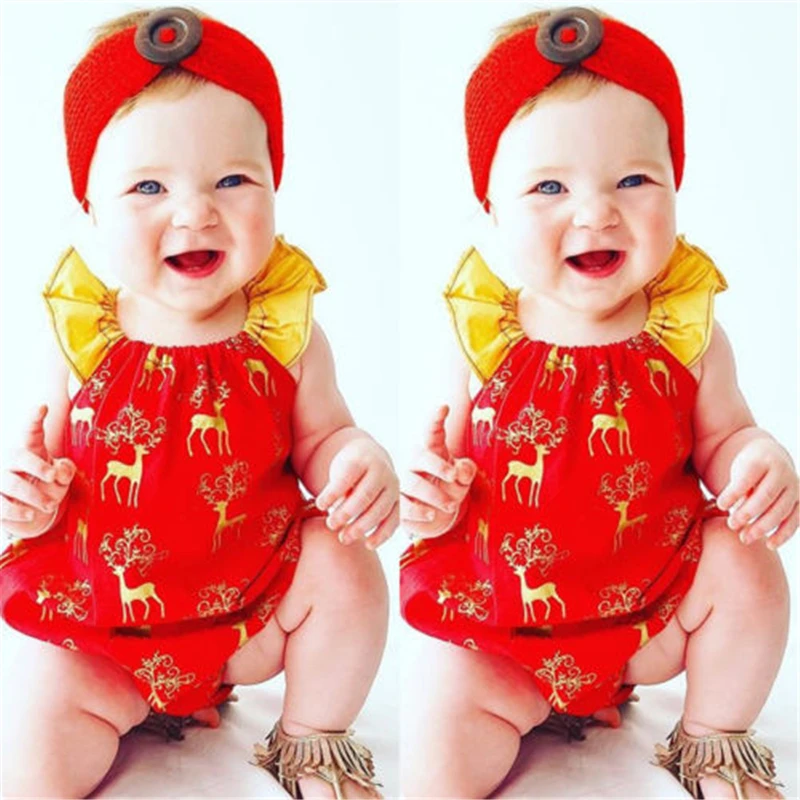 Милый Рождественский комбинезон для новорожденных девочек с короткими рукавами