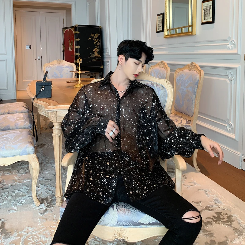 Men Bat Long Sleeve Star Transparent Oversize Loose Casual Shirts Male Streetwear Hip Hop Punk Gothic Party Night Club Shirt
