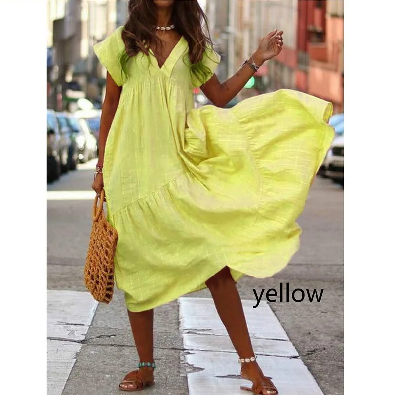 

ZOGAA Women Summer Boho Dress 2019 Solid V Neck Short Sleeve Beach Dress Female Casual Loose Long Dress Sundress Plus Size XXXL