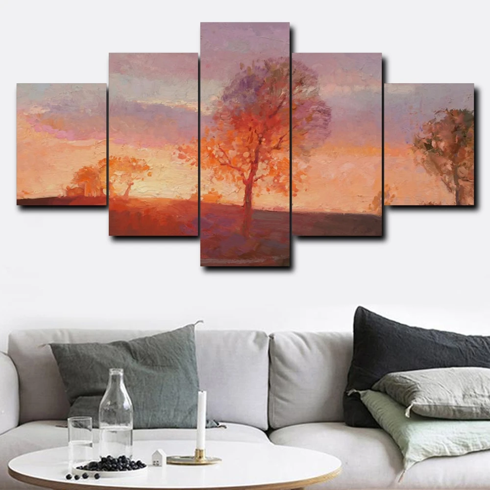 Laeacco Canvas Calligraphy Painting 5 Panel Sunrise Tree Posters And Prints Wall Art Pictures for Living Room Home Decor | Дом и сад