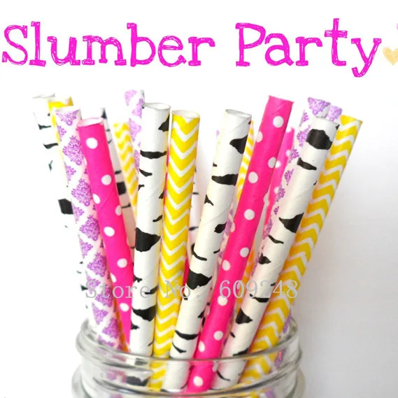 

100pcs Mixed Colors Slumber Party Paper Straws,Zebra/Birch Pattern,Deep Pink Dot,Purple Damask,Yellow Chevron,Bachelorette,Fun