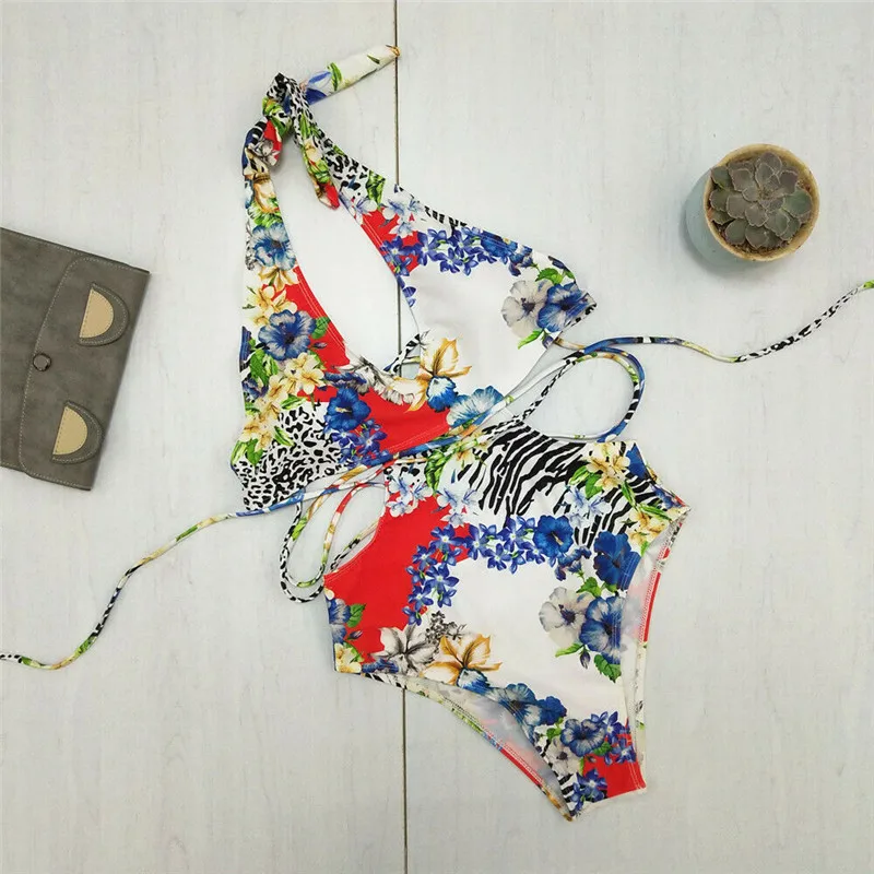 Сексуальный женский цельный купальник пляжная одежда с цветочным рисунком