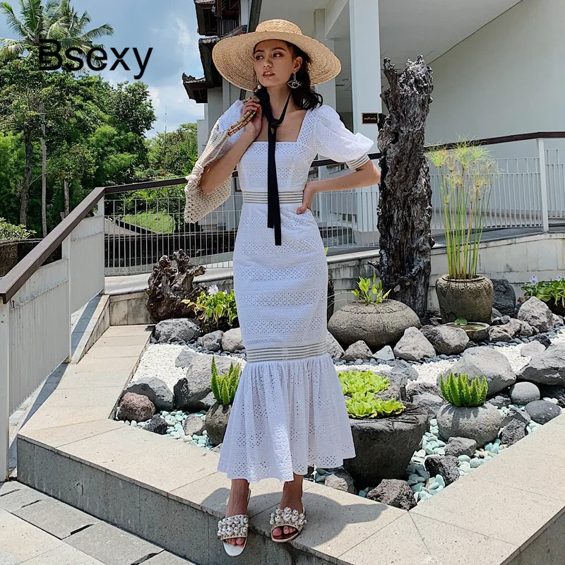 Летняя женская белая русалочье платье 2019 сексуальная гравировка квадратный