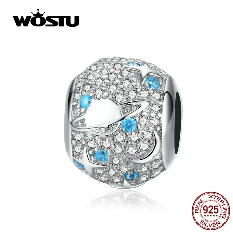 WOSTU бусины с Луной и звездами, 925 пробы, серебро, циркон, шарм, подходит для оригинального браслета, подвески, бусины для изготовления ювелирных изделий, FIC1217