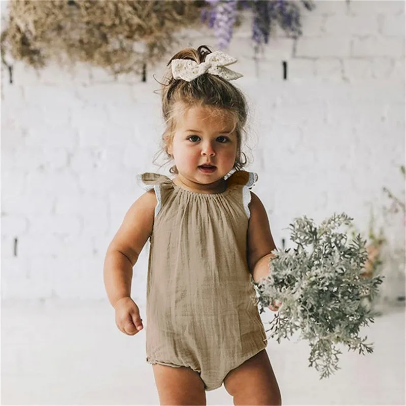 

Baby clothes Infant Baby Girls Fly Sleeve Lace Solid Print Ruffles Romper Clothes 3M-24M babys A20