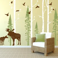 elk and Birch Tree Wall Decal Living Room Home Decor Birch and Fir Forest Vinyl Wall Stickers Bedroom Birds Decals Mural ZB573