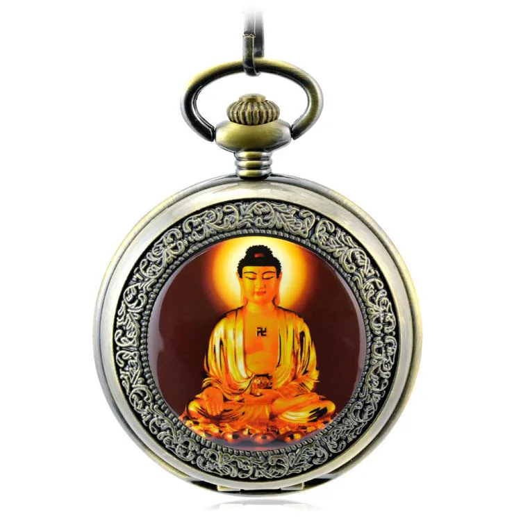 

Buddha Mechanical Hand Wind Pocket Watch Men Skeleton Hollow Bronze Vintage Hand Wind Clock Necklace Pocket & Fob Watches Chain