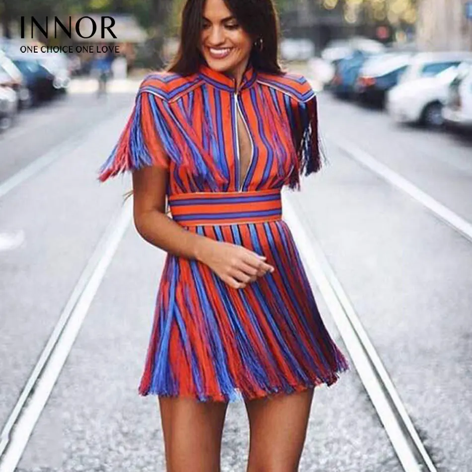 bandage Tassel Striped Patchwork Above Knee Mini Women 2017 Autumn Bodycon Celebrity Party Sexy Vestidos Noble Dresses innor#224 |