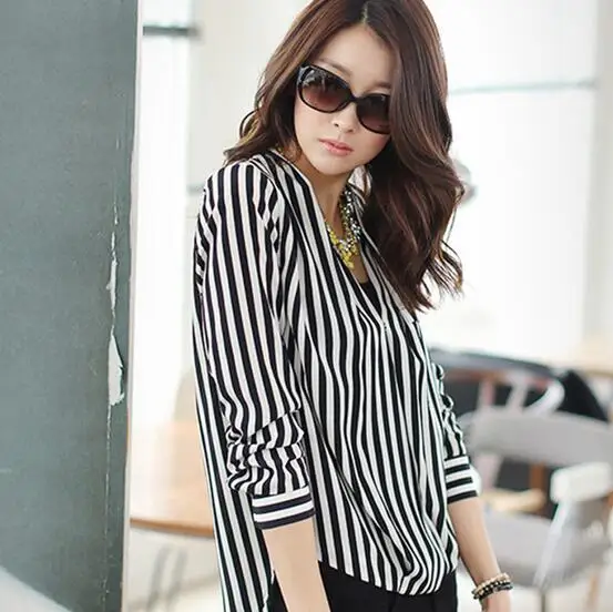 OL Women's Shirts Full Sleeve Striped Pleated Vetement Femme V-neck Top Women Slim Was Thin Ladies Office Formal Shirt |