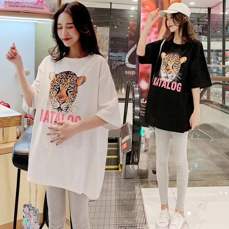 

Pregnant women t-shirt summer jacket 2019 new cotton loose large size pregnant women short-sleeved t-shirt long dress tide