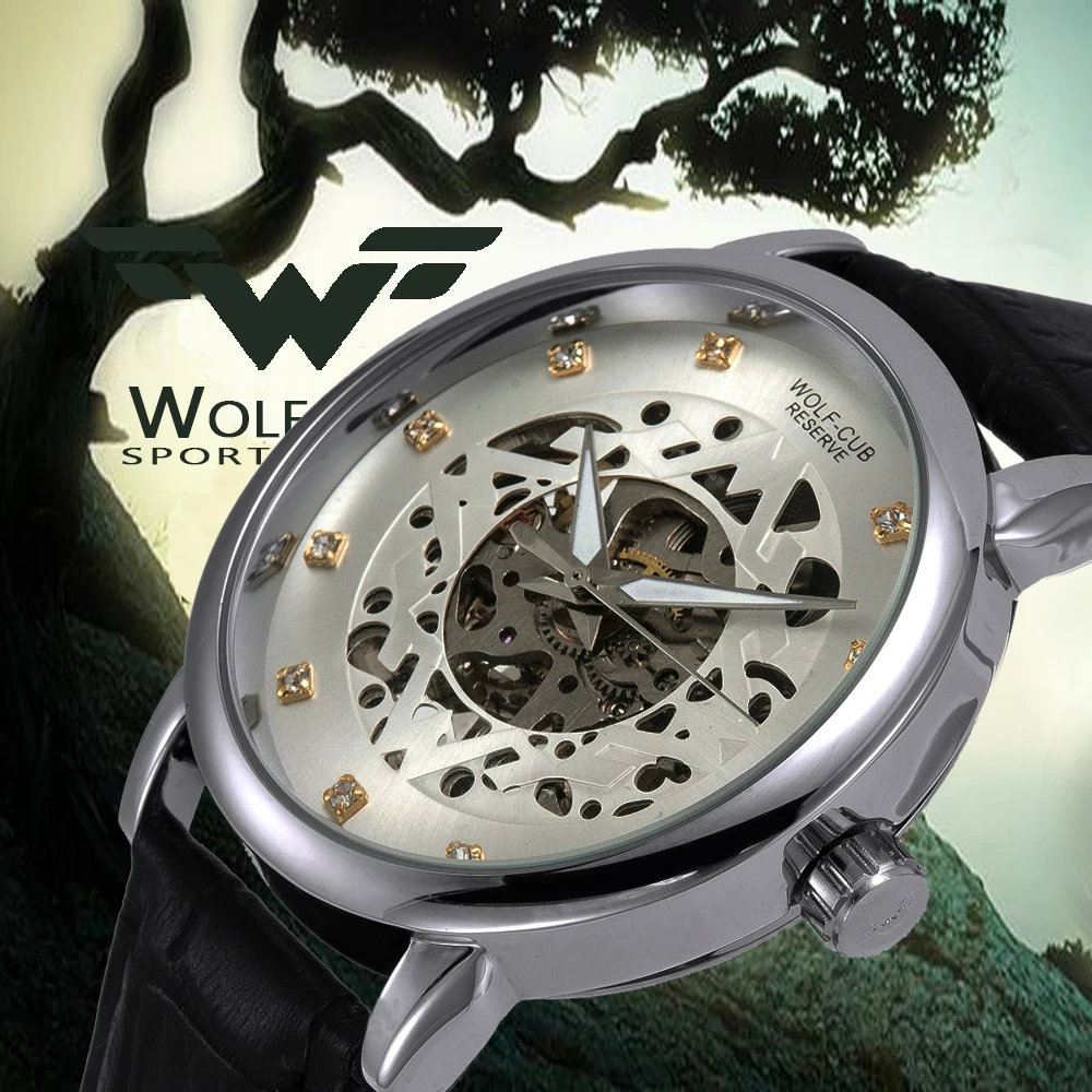 

Luxury WOLF-CUB Men Silver Diamond Mechanical Hand Wind Watch High Quality Original Watches Gentleman Dress Wristwatches