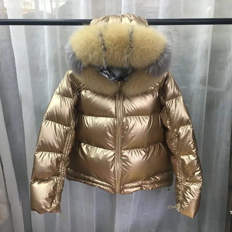 Gold Большой натуральный Лисий Мех, зимняя куртка, женские пуховые парки, пальто с капюшоном, белый утиный пух, двусторонняя водонепроницаемая куртка - Цвет: Gold