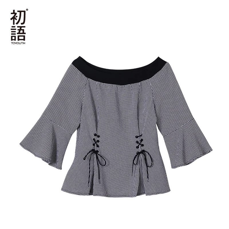 

Toyouth Off Shoulder Sexy Blouse Shirt Three Quarter Flare Sleeve Top Women Blouses Summer Chiffon Plaid Blusa Feminina