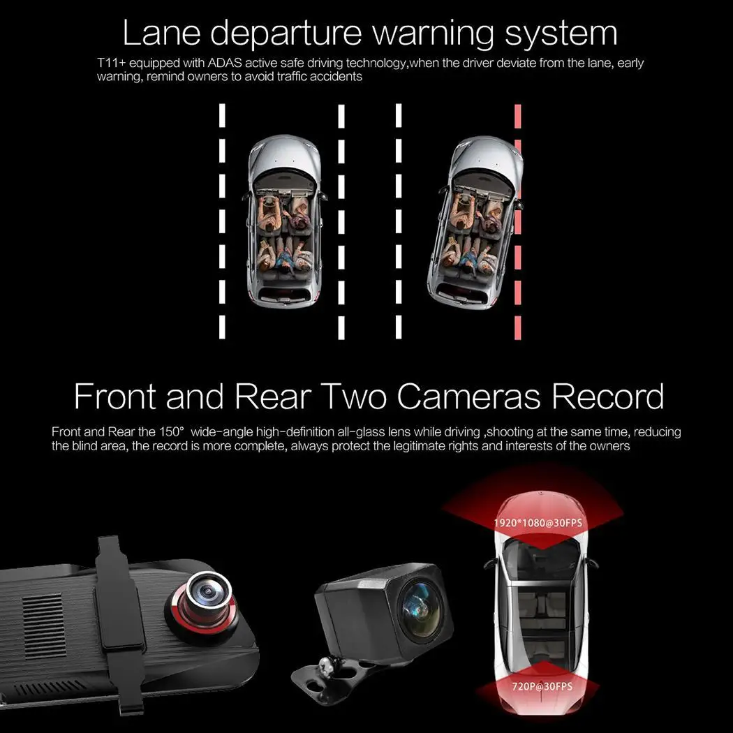 Anytek T11 + 1080P Автомобильная камера DVR DVRS FHD Dash Cam водительский рекордер ADAS Duel объектив