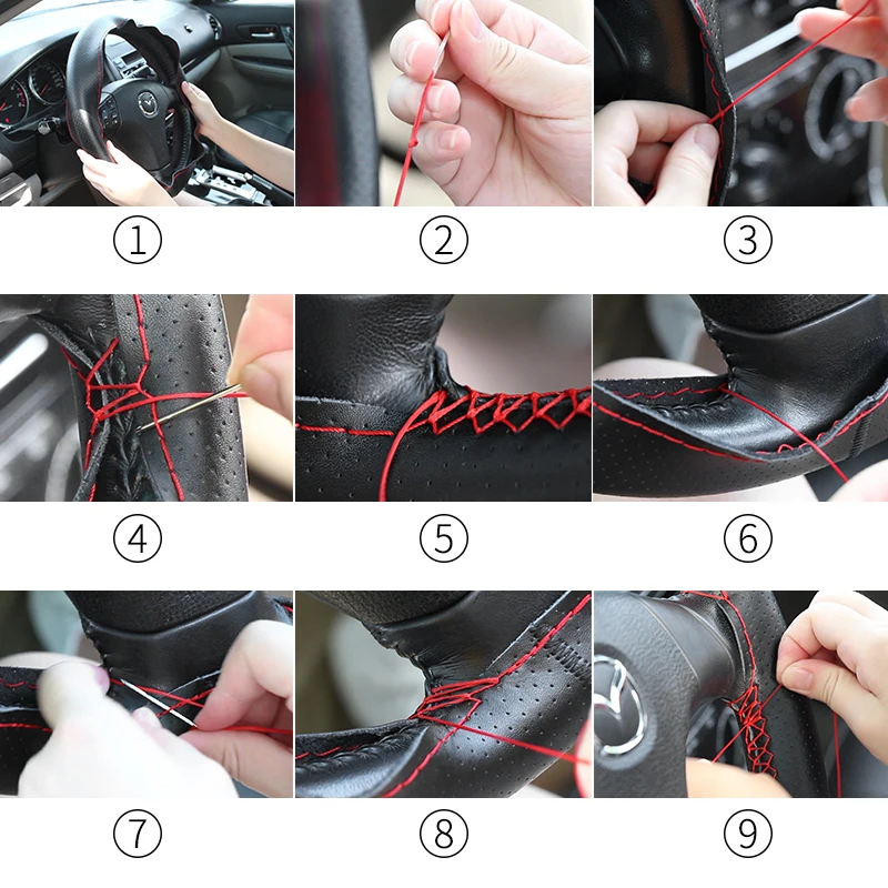 WCaRFun DIY Black Leather Hand-stitched Car Steering Wheel Cover for Lada Vesta