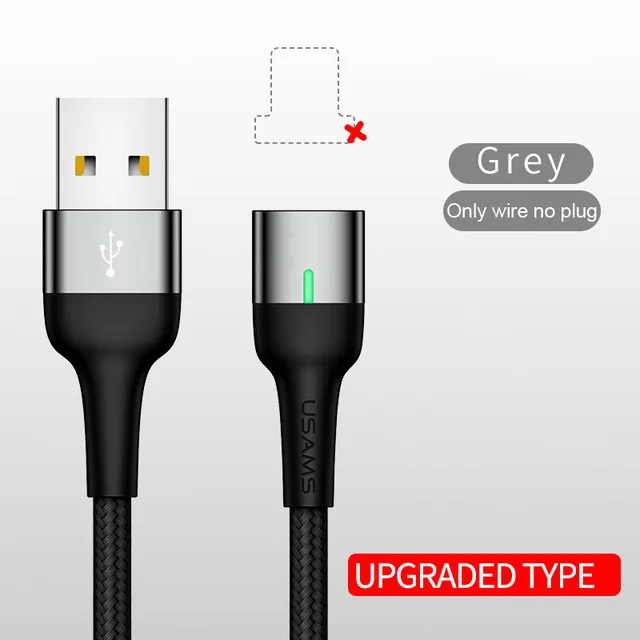 Grey Wire NO Plug Магнитный кабель для iPhone samsung USAMS 3A, быстрая зарядка, магнитный usb-кабель для телефона, кабель Micro USB type C, магнитный кабель для зарядки и синхронизации данных - Цвет: Grey Wire NO Plug
