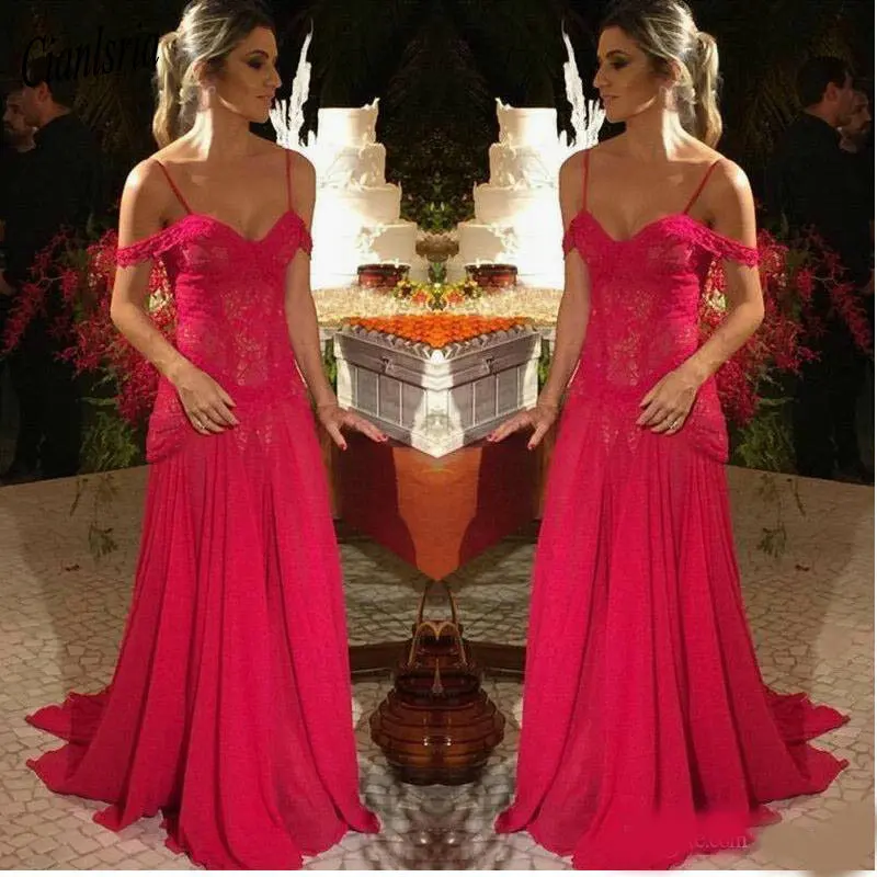 

Red Lace Spaghetti Prom Dresses Drop Sleeve Straps New 2020 Cheap Chiffon Evening Gowns Special Occasion Dress