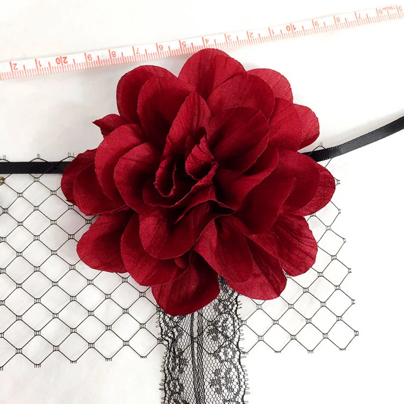Halloween Black Lace Covered Veil Red Rose Death Headpieces Sexy Ball Half Face Mesh Headband |