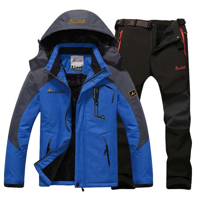 blue black pant Зимняя мужская куртка для кемпинга, лыжного спорта, брюки, костюмы из водонепроницаемого флиса, для снега, для охоты, альпинизма, термальные комплекты, спортивное пальто, брюки - Цвет: blue black pant