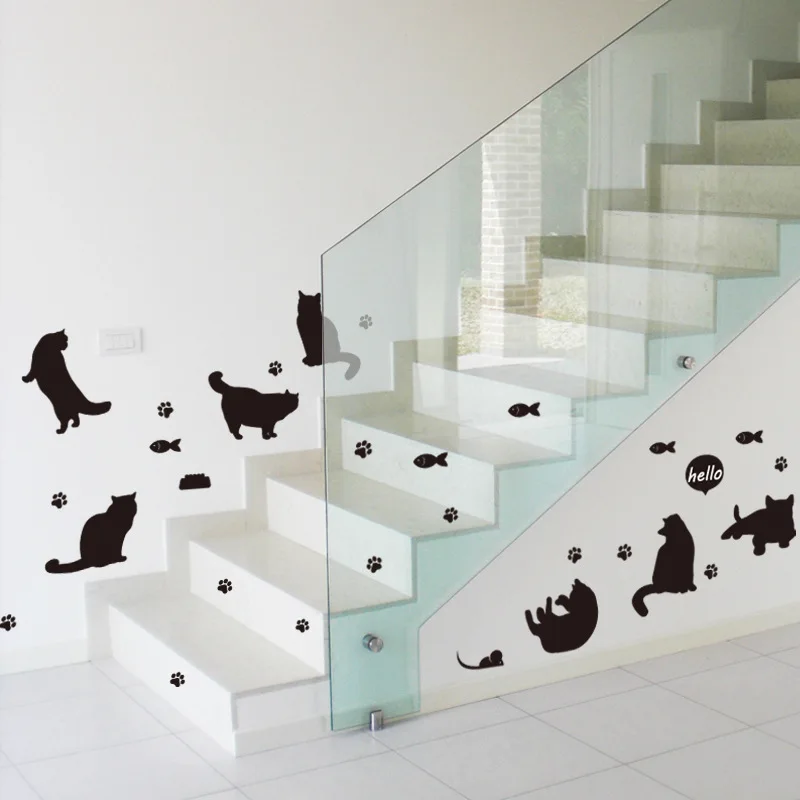 Мультяшная Милая Черная кошка Настенная Наклейка для домашнего декора Детская