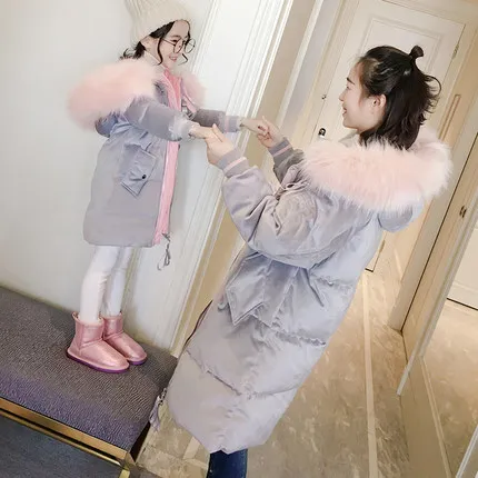 2019 Family Matching Mother Daughter Long Coat Kids Costumes Little Girls Clothing With Big Fur Collar Hat | Мать и ребенок