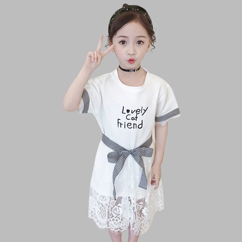 Dresses For Girls Patchwork Kids Lace Party Dress Letter Pattern Teenage Summer Clothes Girl 6 8 10 12 | Детская одежда и обувь