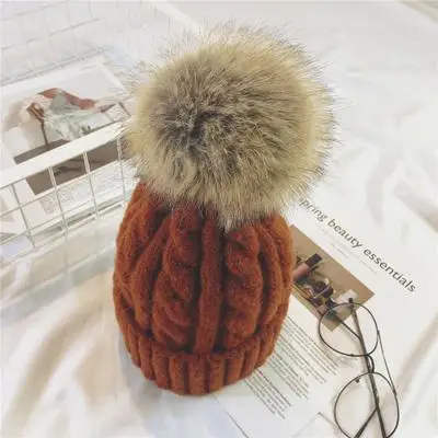 COKK, Женская кашемировая зимняя шапка, вязаная, Skullies Beanies, шапки для женщин, шерстяная шапка для девочек, Gorros, Корейская, искусственный мех, помпон, шапка - Цвет: coffee