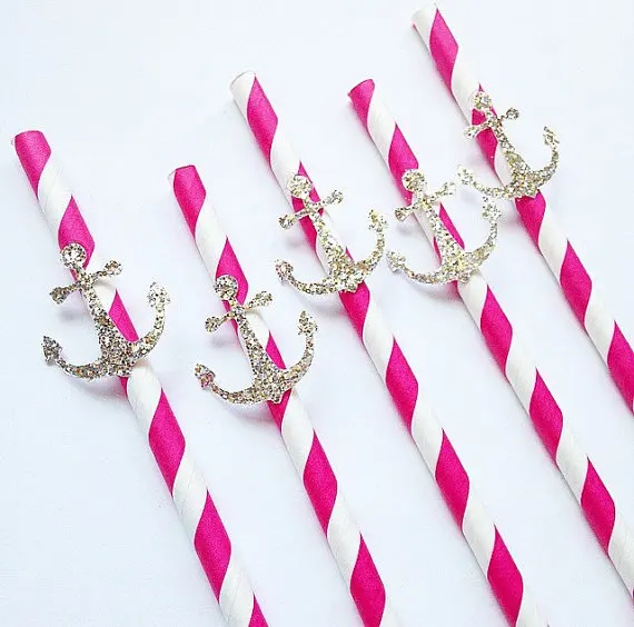 Пользовательские блестящие полосатые бумажные соломинки с якорями fushia для