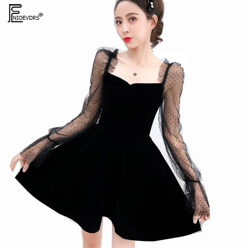 

2020 New Year Dresses Party Club Women perspective Flare Sleeve Holiday Date Little Black Patchwork Sheer Mesh Strapless Dress