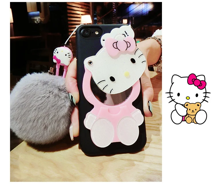 Hello kitty Cosmetic mirror TPU cases for iphone 7 7plus 6 6s plus back cover Fluffy Rex Rabbit wool ball girl tpu pink |
